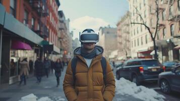 ai generado joven hombre utilizando vr virtual realidad lentes mientras caminando en ciudad calle, estilo de vida y tecnología concepto foto