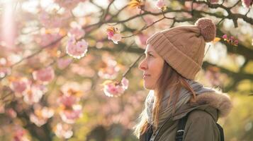 ai generado un mujer disfrutando un sin prisa caminar en un parque admirativo el primavera floraciones y remojo arriba el Brillo Solar foto