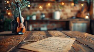 AI generated A blank wooden tabletop with blurred musical instruments and sheet music in the background ideal for promoting music related products photo