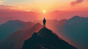 ai generado un silueta de un persona en pie en parte superior de un montaña pico mirando fuera a un puesta de sol simbolizando alcanzando negocio metas foto