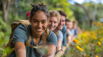 AI generated A group of coworkers participating in a team building exercise outdoors photo