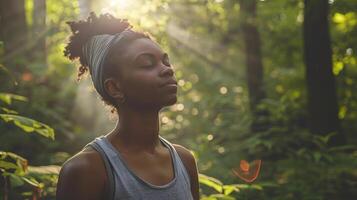 AI generated A woman practicing mindfulness while walking through a forest photo