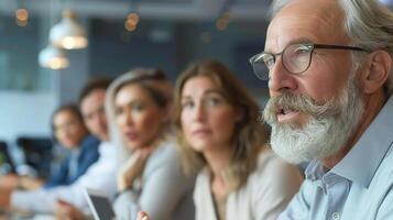 AI generated Close up group of professionals sitting around a conference table discussing their long term vision and setting SMART goals photo