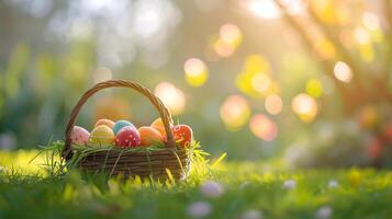 ai generado Pascua de Resurrección cesta lleno con vistoso huevos y flores en el verde césped con primavera jardín fondo, contento Pascua de Resurrección foto