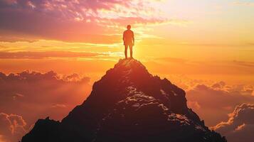 AI generated A silhouette of a person standing on top of a mountain peak looking out at a sunset symbolizing reaching business goals photo