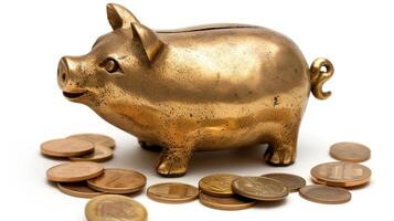 AI generated golden piggy bank with gold coins photo