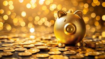 AI generated golden piggy bank with gold coins photo