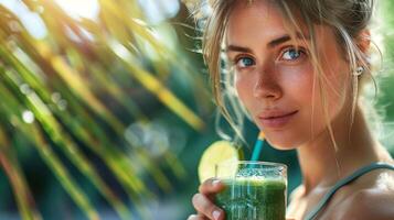 ai generado un mujer disfrutando un sano zalamero después un rutina de ejercicio foto