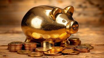 AI generated golden piggy bank with gold coins photo