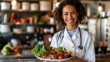 ai generado un sonriente nutricionista participación un plato de sano comida foto