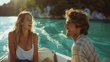 ai generado un joven Pareja riendo y disfrutando un barco paseo en un tranquilo lago rodeado por primavera paisaje foto