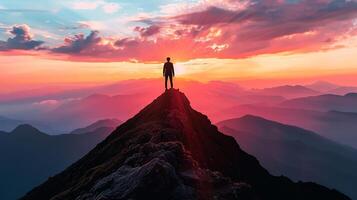 ai generado un silueta de un persona en pie en parte superior de un montaña pico mirando fuera a un puesta de sol simbolizando alcanzando negocio metas foto