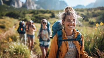 AI generated A group of friends hiking together in the mountains photo