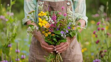 AI generated A pair of hands holding a freshly picked bouquet of wildflowers against a backdrop of lush spring foliage photo