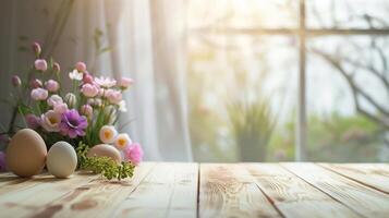AI generated Abstract wooden tabletop with easter eggs and flower, copy space over blurred window interior background, display for product montage photo