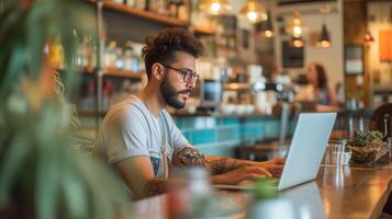 ai generado digital nómada joven hombre utilizando ordenador portátil computadora a el cafetería, trabajando remoto y tecnología concepto foto