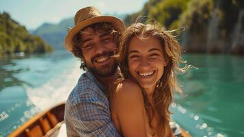 ai generado un joven Pareja riendo y disfrutando un barco paseo en un tranquilo lago rodeado por primavera paisaje foto