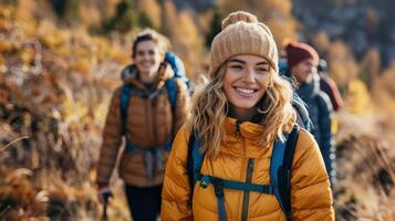 AI generated A group of friends hiking together in the mountains photo