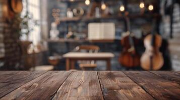 AI generated A blank wooden tabletop with blurred musical instruments and sheet music in the background ideal for promoting music related products photo