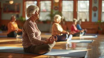 ai generado un grupo de personas mayores haciendo yoga en un comunidad centrar foto