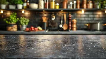 AI generated A blank granite tabletop with blurred cooking utensils and spices in the background ideal for promoting kitchenware products photo