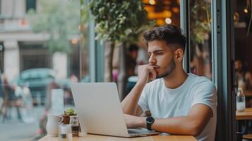 AI generated Digital nomad young man using laptop computer at the cafe, working remote and technology concept photo