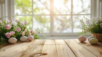 AI generated Abstract wooden tabletop with easter eggs and flower, copy space over blurred window interior background, display for product montage photo