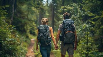 ai generado un Pareja excursionismo mediante un escénico bosque sendero foto