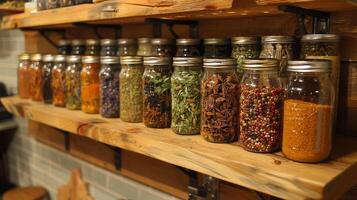 AI generated Jars filled with exotic spices on a kitchen shelf photo