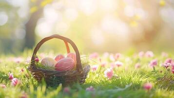 AI generated Easter basket filled with colorful eggs and flowers on the green grass with spring garden background, happy easter photo