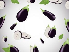 Falling Eggplant with Green Leaves. Flying slices of Eggplant. vector