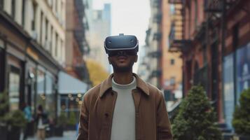 ai generado joven hombre utilizando vr virtual realidad lentes mientras caminando en ciudad calle, estilo de vida y tecnología concepto foto