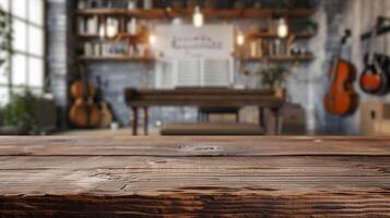 AI generated A blank wooden tabletop with blurred musical instruments and sheet music in the background ideal for promoting music related products photo