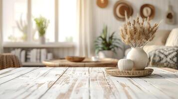 AI generated A blank minimalist white tabletop with blurred home decor items and furnishings in the background great for showcasing interior design products photo