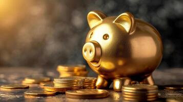 AI generated golden piggy bank with gold coins photo