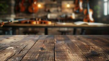 AI generated A blank wooden tabletop with blurred musical instruments and sheet music in the background ideal for promoting music related products photo