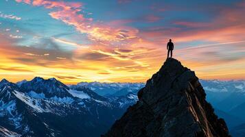 ai generado un silueta de un persona en pie en parte superior de un montaña pico mirando fuera a un puesta de sol simbolizando alcanzando negocio metas foto