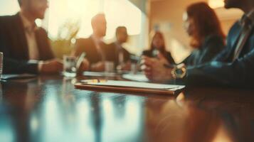 AI generated Close up group of professionals sitting around a conference table discussing their long term vision and setting SMART goals photo