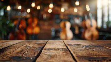 AI generated A blank wooden tabletop with blurred musical instruments and sheet music in the background ideal for promoting music related products photo