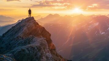 ai generado un silueta de un persona en pie en parte superior de un montaña pico mirando fuera a un puesta de sol simbolizando alcanzando negocio metas foto