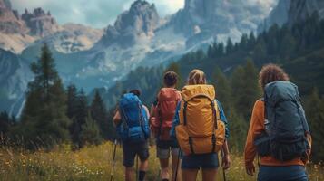 ai generado un grupo de amigos excursionismo juntos en el montañas foto