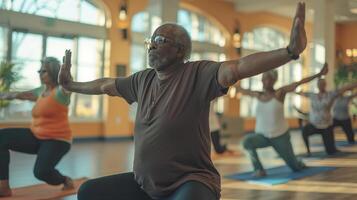 AI generated A group of seniors doing yoga in a community center photo