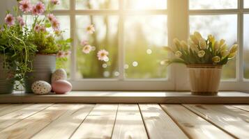 AI generated Abstract wooden tabletop with easter eggs and flower, copy space over blurred window interior background, display for product montage photo