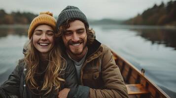 ai generado un joven Pareja riendo y disfrutando un barco paseo en un tranquilo lago rodeado por primavera paisaje foto