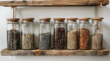 AI generated Jars filled with exotic spices on a kitchen shelf photo