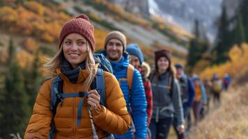 AI generated A group of friends hiking together in the mountains photo