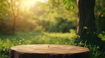 AI generated Abstract empty wooden desk tabletop with copy space over spring and summer blurred background, display for product montage photo