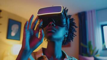AI generated African american young woman wearing using virtual reality metaverse VR glasses headset at home Girl touching air during VR experience photo