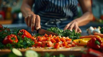 AI generated A close up of a persons hands chopping fresh vegetables photo