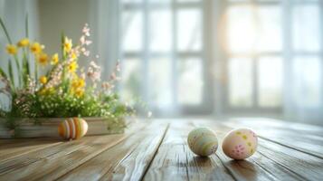 ai generado resumen de madera mesa con Pascua de Resurrección huevos y flor, Copiar espacio terminado borroso ventana interior fondo, monitor para producto montaje foto